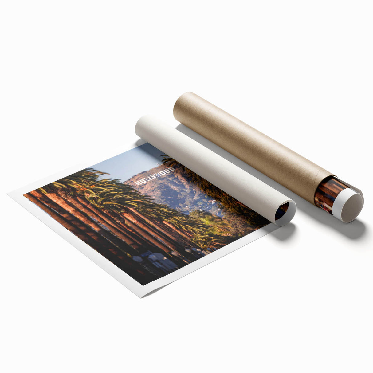 Extra large rolled print of Beverly Hills scenery with floral motifs in soft pastel shades.