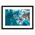 Extra large, textured abstract art print of Big Sur in colorful hues on a black framed canvas, ideal for living room decor.