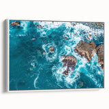 Extra large framed canvas of vintage poster art featuring a scenic view of Big Sur, California, with vibrant color palette.