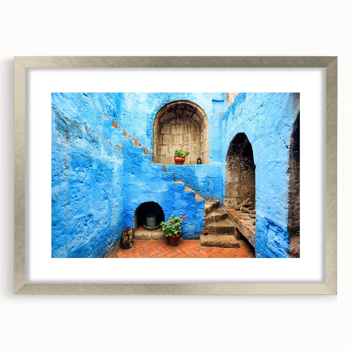 Textured art print of abstract Catalina landscape in muted blues and grays, framed with a silver mat, ideal for bedroom art.