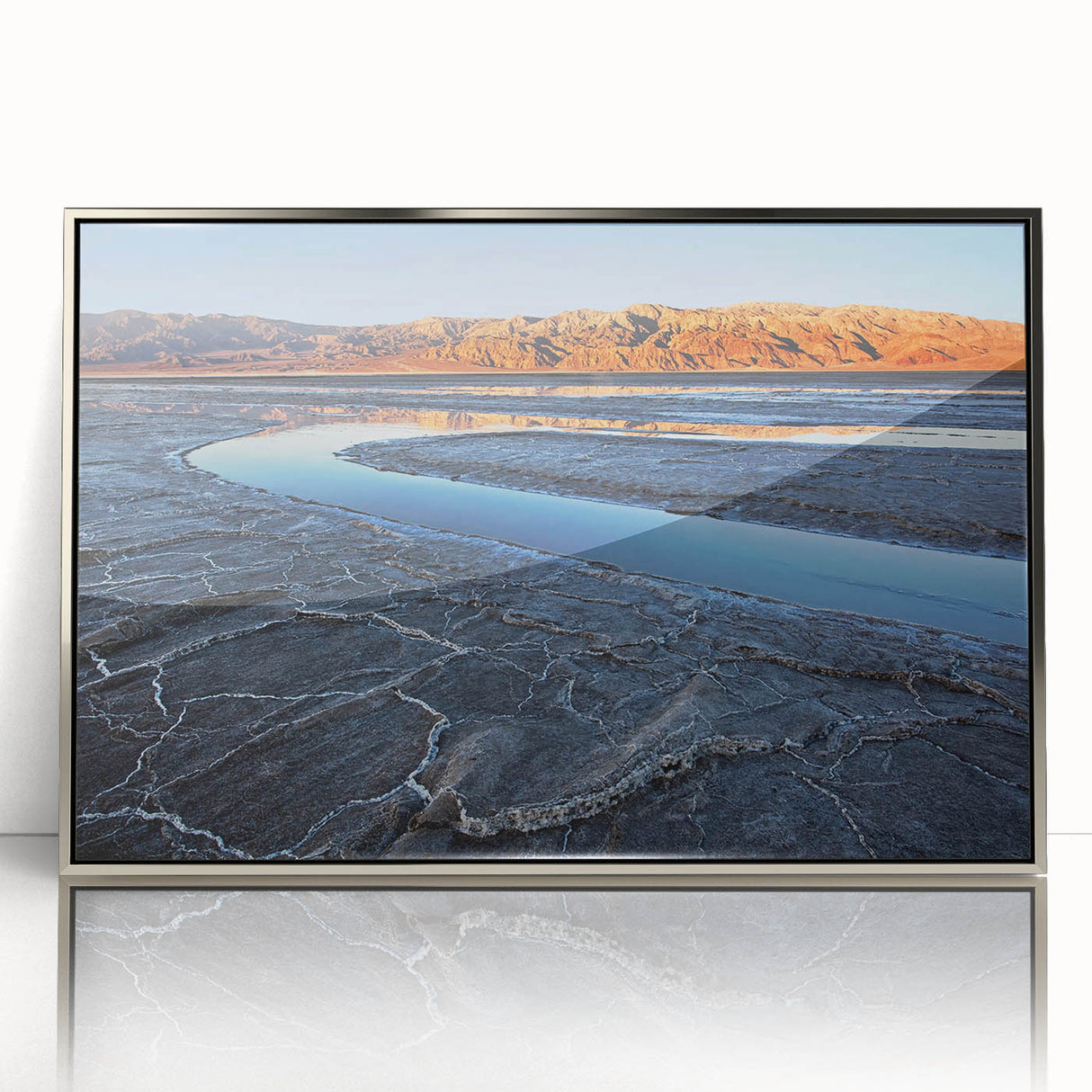 Mid-century modernist art of Death Valley in muted earth tones on a framed acrylic, ideal for modern art wall decor.