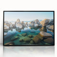 Large abstract wall art depicting Lake Tahoe with a mid-century modernist style, framed in black acrylic.