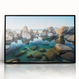 Large abstract wall art depicting Lake Tahoe with a mid-century modernist style, framed in black acrylic.