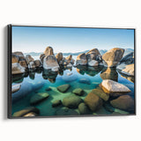 Black and white framed canvas of Lake Tahoe landscape, ideal for bedroom wall art in vintage poster style.