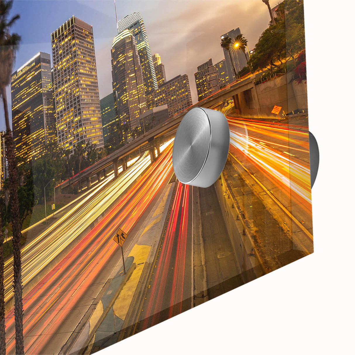 Large abstract wall art of Los Angeles skyline in muted gray and blue on acrylic glass, ideal for dining room art.