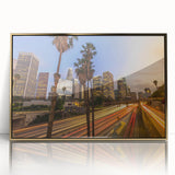 Framed acrylic print of Los Angeles skyline in muted gold tones, ideal for modern art wall decor.