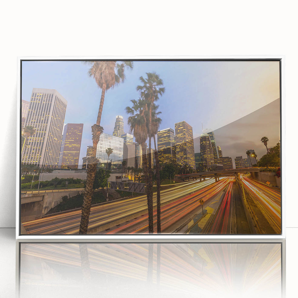 Art deco poster of Los Angeles skyline in muted pastel tones on framed acrylic, suitable for modern nursery wall art.