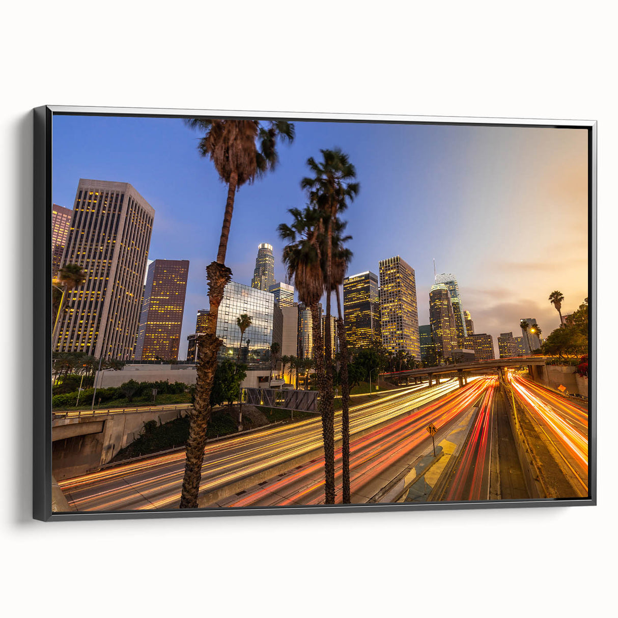 Black and white wall art of Los Angeles landscape on framed canvas, suitable for bedroom decor.
