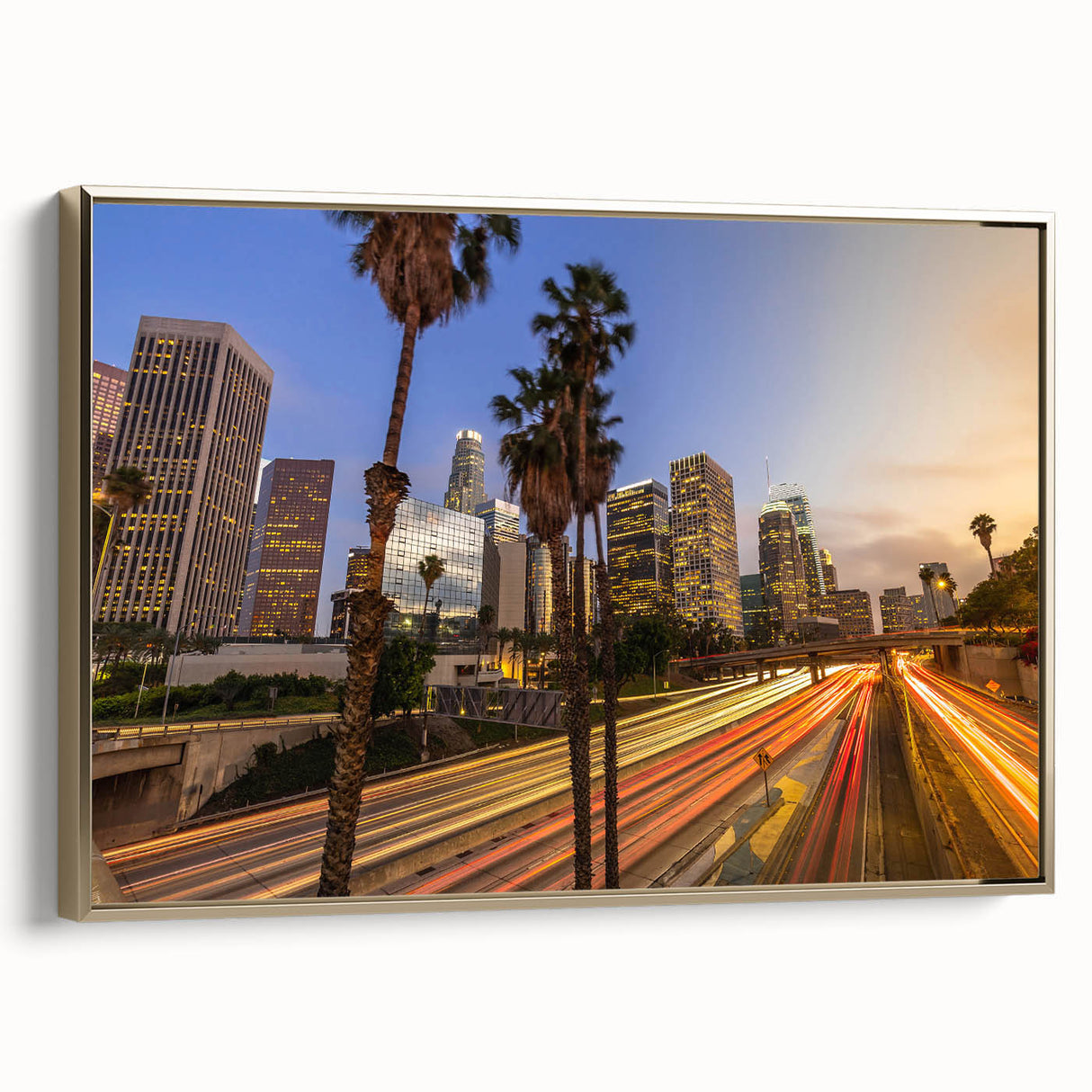 Framed canvas of Los Angeles landscape in vintage poster style, featuring black and gold tones, ideal for bedroom wall art.