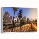 Vintage poster art of Los Angeles skyline in vibrant colors on a large framed canvas, ideal for living room decor.