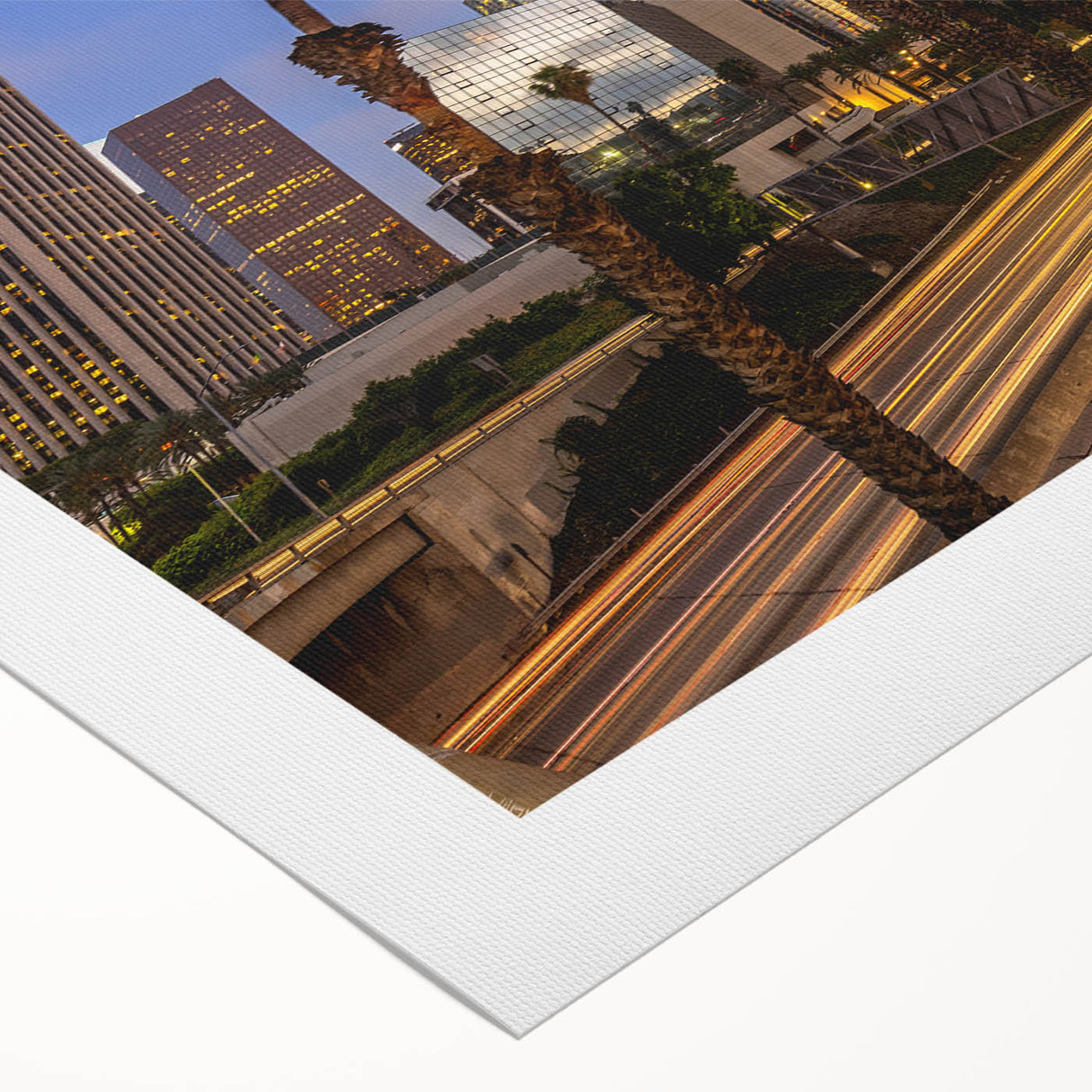 Art deco poster of Los Angeles skyline in muted gray and blue tones on rolled canvas, suitable for dining room wall art.
