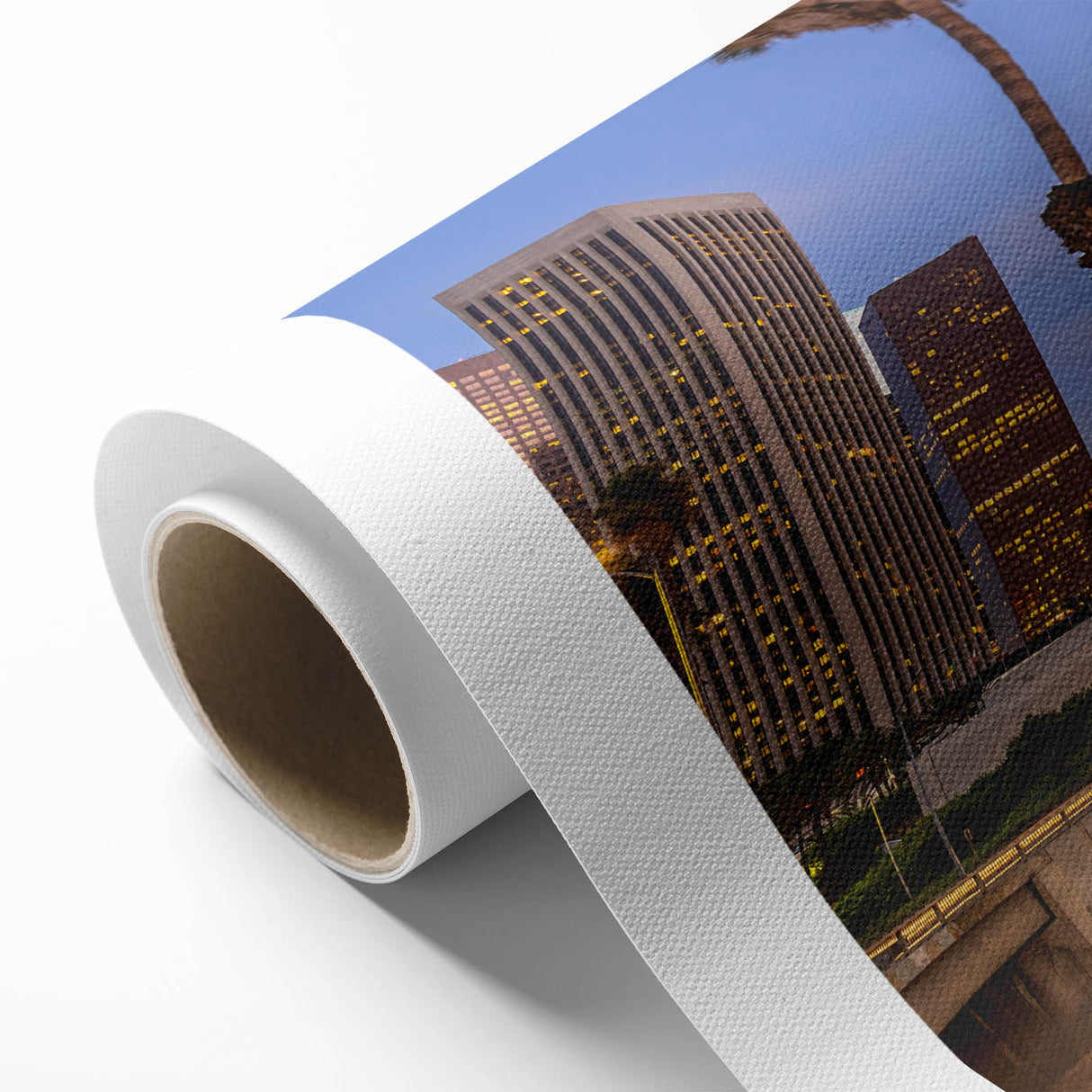 Art Deco poster of Los Angeles skyline in pastel shades on rolled canvas, ideal for nursery wall art.