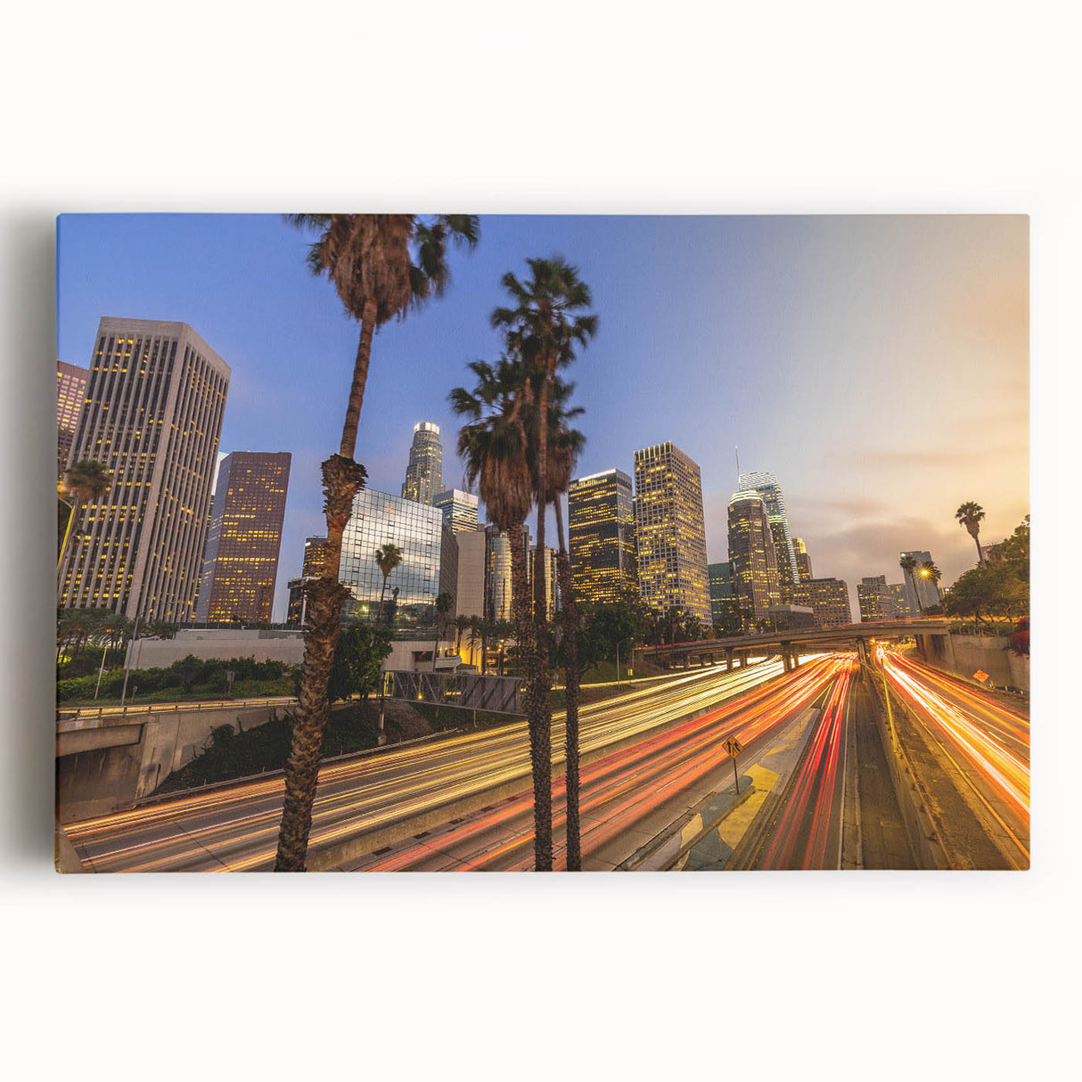 Black and white large art print of Los Angeles skyline on stretched canvas, ideal for kitchen wall art.