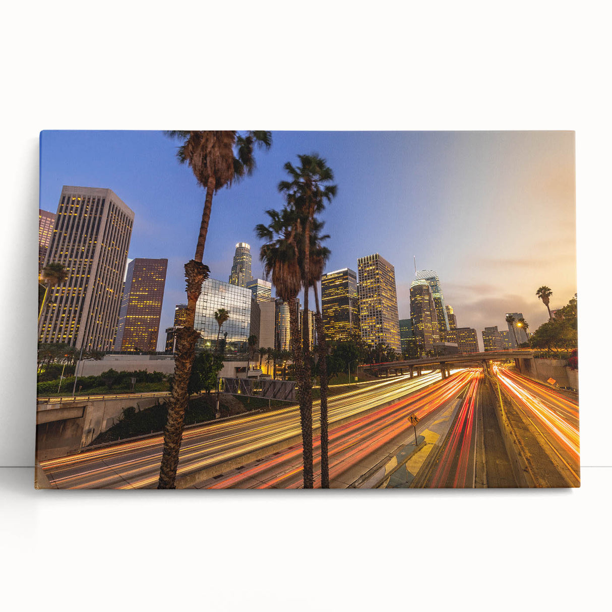 Black and white stretched canvas of the Los Angeles skyline, ideal for kitchen wall art.