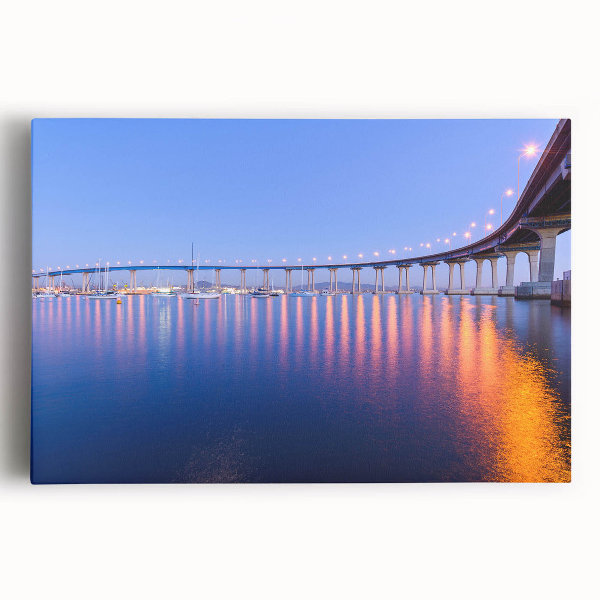 Black and white photo of San Diego skyline on large stretched canvas, ideal for kitchen wall art.