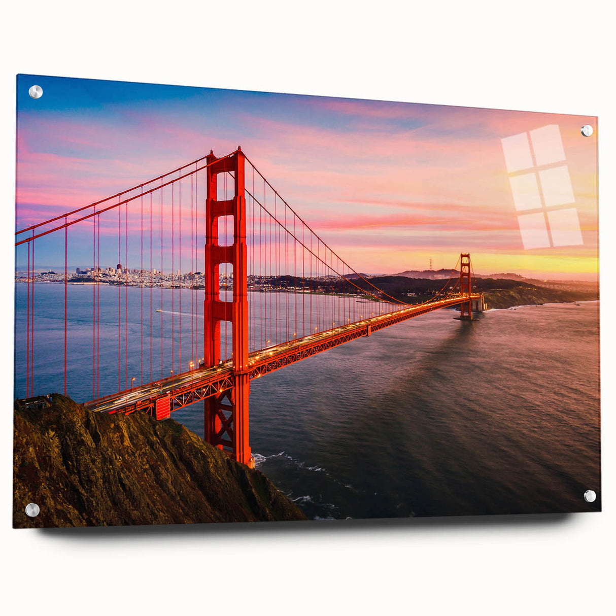 Acrylic print of San Francisco skyline in muted blue and gray tones, suitable for dining room decor.
