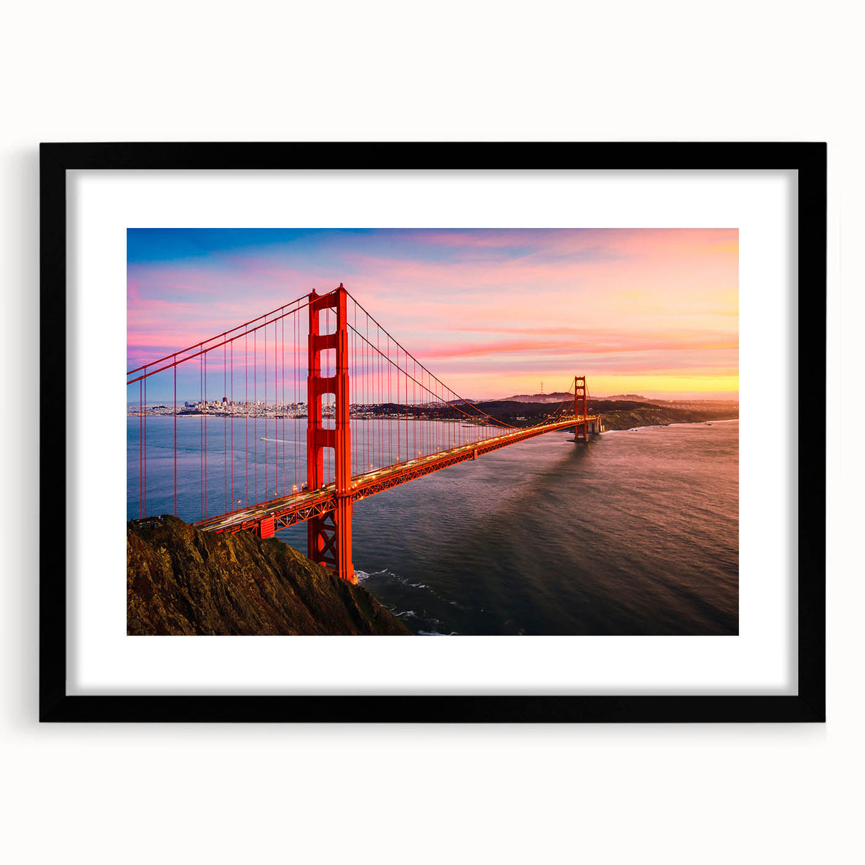 Extra large textured black wall art featuring a colorful San Francisco skyline, framed with a black mat.
