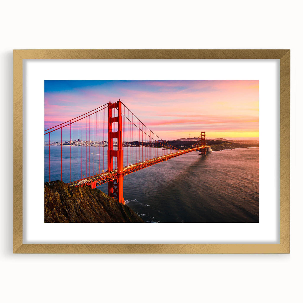 Extra large abstract art print of San Francisco skyline in muted gray and gold tones on a framed canvas.