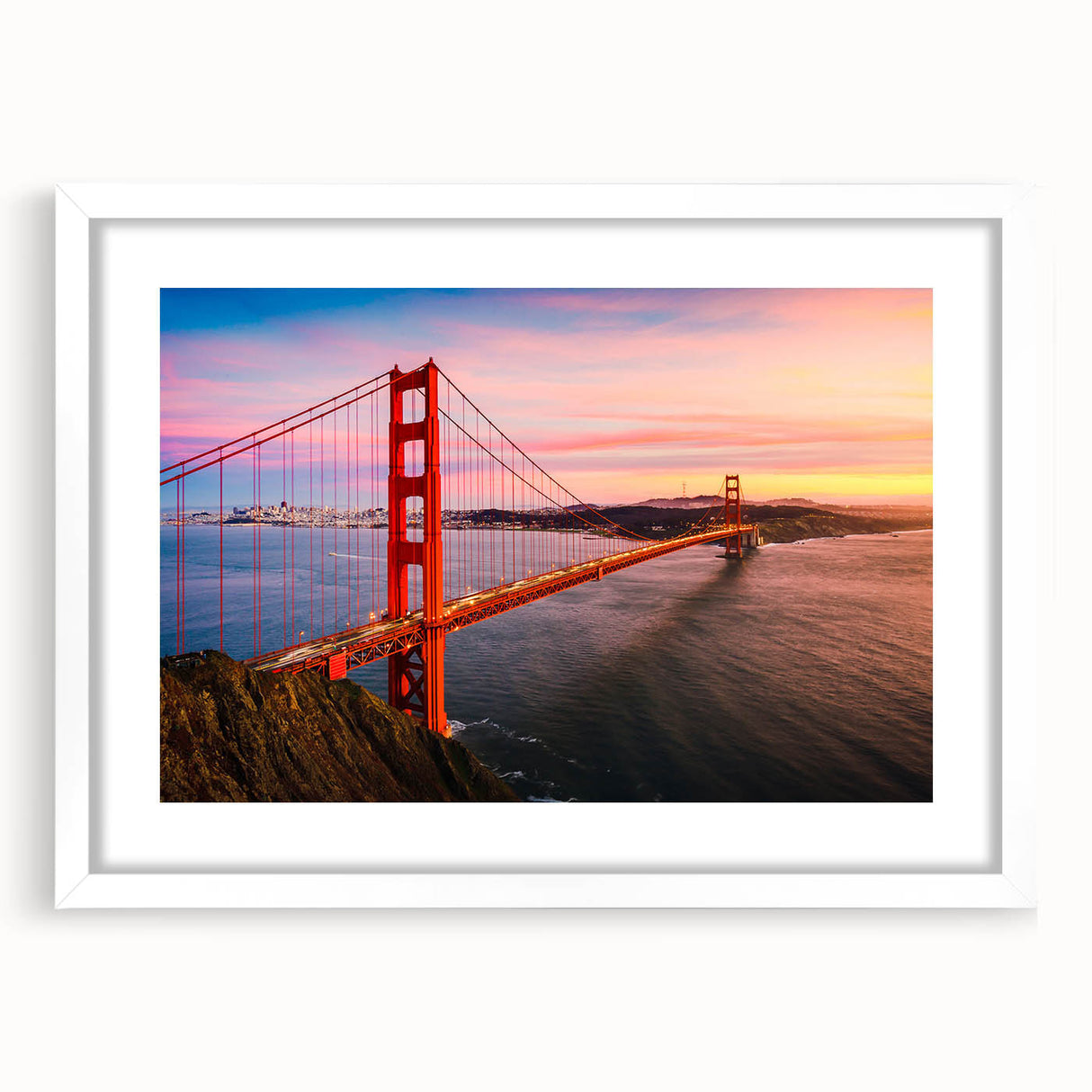 Abstract art print of San Francisco skyline in muted gray and blue tones on a framed white mat.