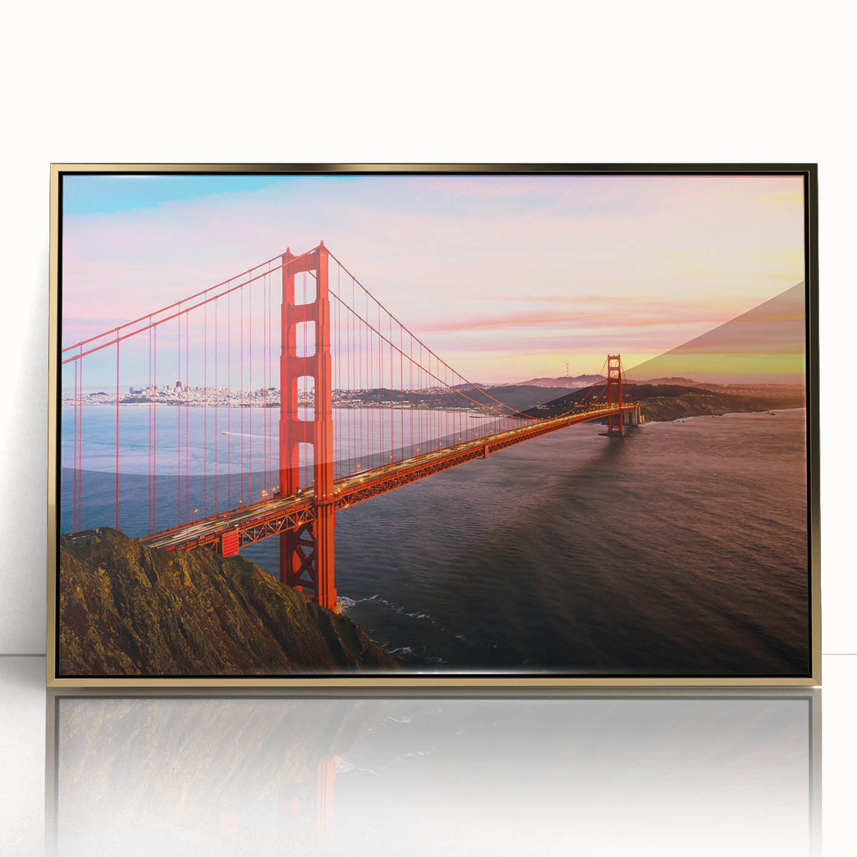 Framed acrylic print of San Francisco skyline in gold and blue tones, ideal for modern art wall decor.