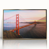 Framed acrylic print of San Francisco skyline in gold and blue tones, ideal for modern art wall decor.