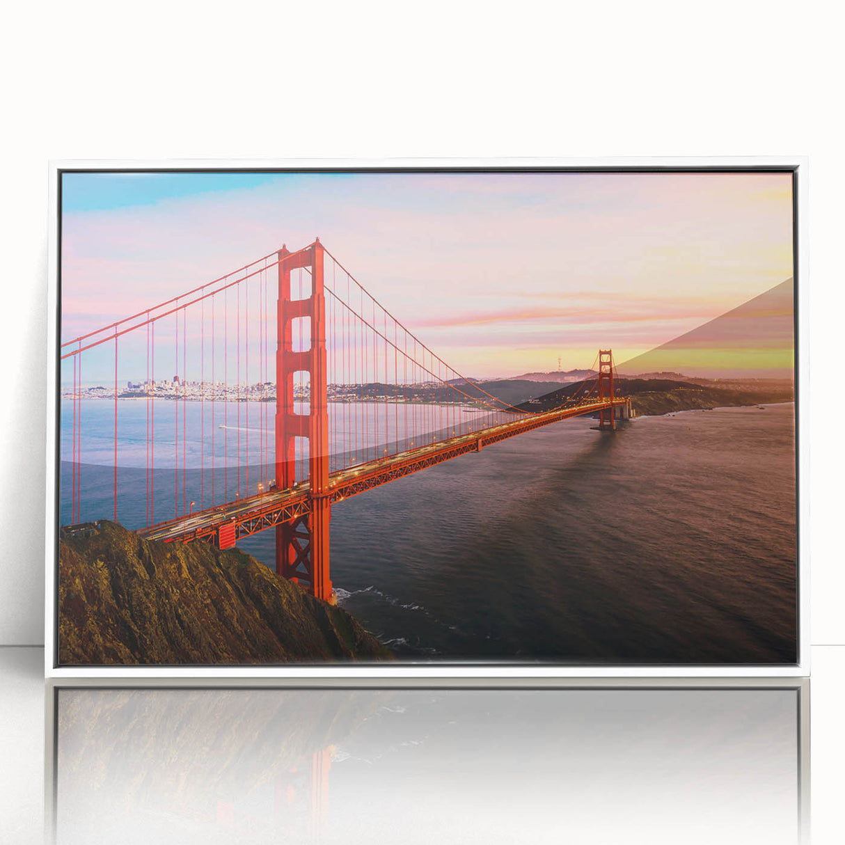 Acrylic print of San Francisco skyline in art deco style with muted gray and blue tones, ideal for modern bedroom ambiance.