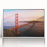 Acrylic print of San Francisco skyline in art deco style with muted gray and blue tones, ideal for modern bedroom ambiance.