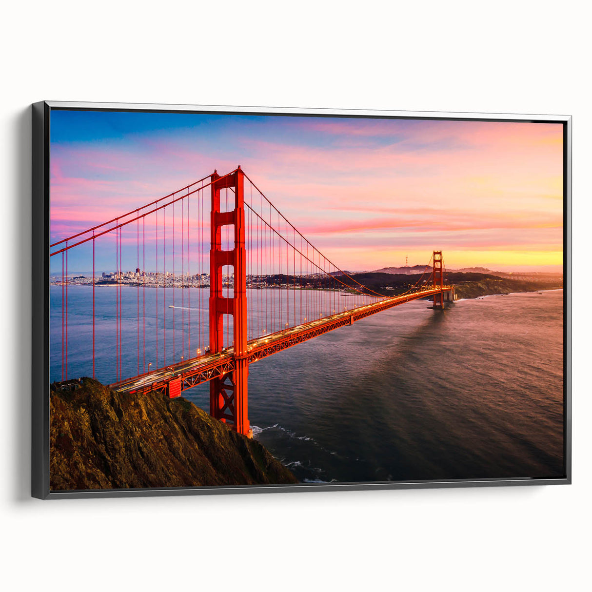 Black and white landscape art painting of the San Francisco skyline on framed canvas, suitable for bedroom decor.