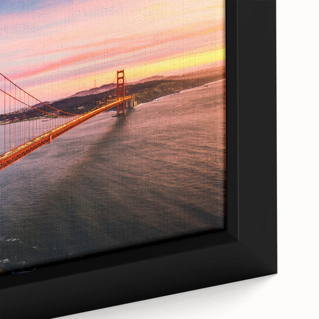 Abstract art print of San Francisco in vibrant colors on a textured, framed canvas, ideal for living room decor.