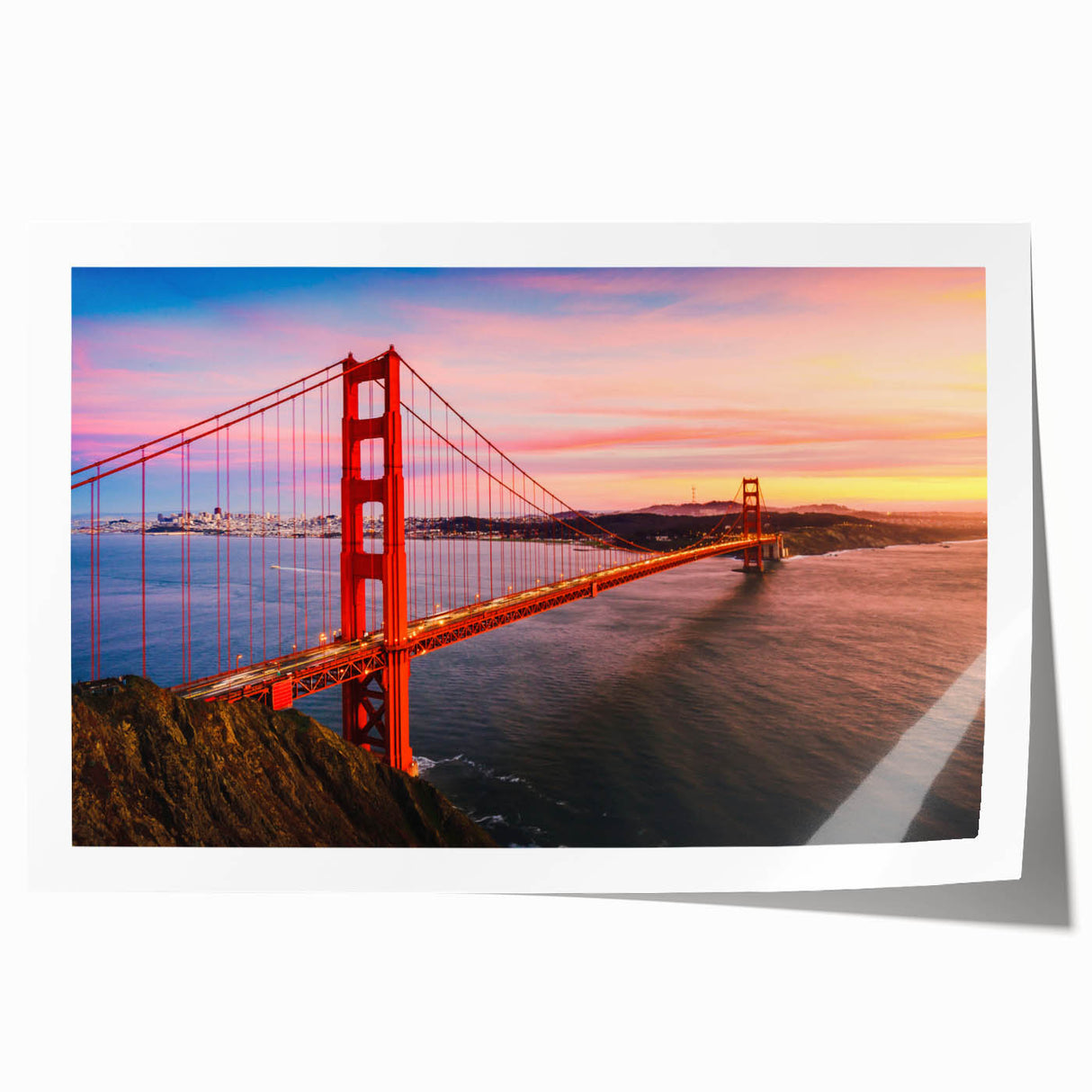 Panoramic view of San Francisco skyline in pastel shades on a rolled canvas, ideal for art wall dining room.