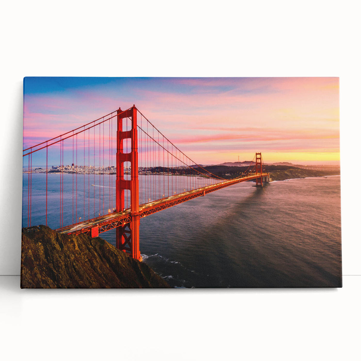 Black and white large art print of San Francisco skyline on stretched canvas.