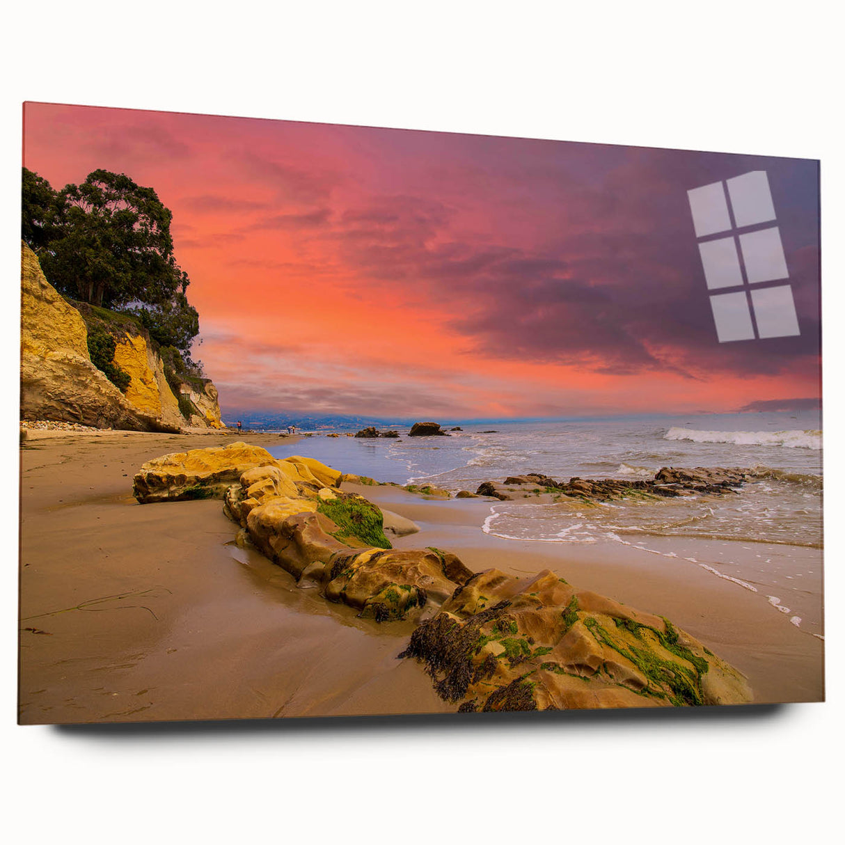 Large abstract depiction of Santa Barbara scenery in muted blue and green shades on acrylic glass.