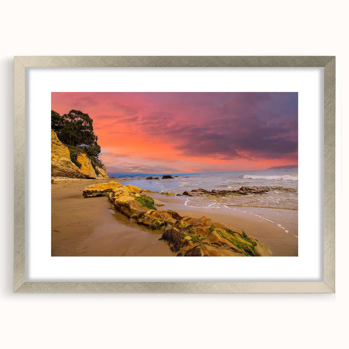 Textured abstract art print of Santa Barbara scenery in muted earth tones on a framed silver mat, ideal for bedroom art.