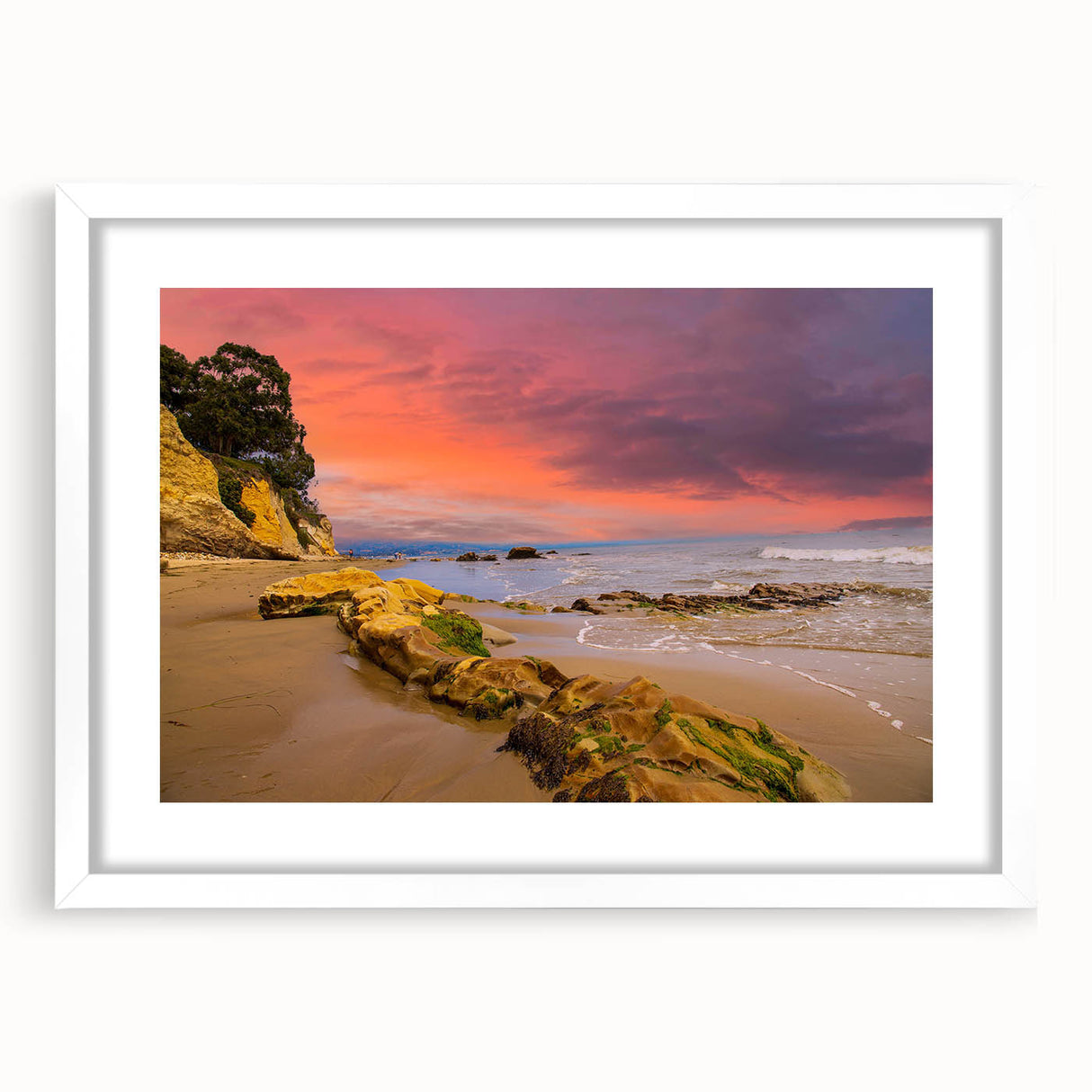 Abstract art print of Santa Barbara skyline in muted blue and gray tones on a framed white mat, ideal for dining room decor.