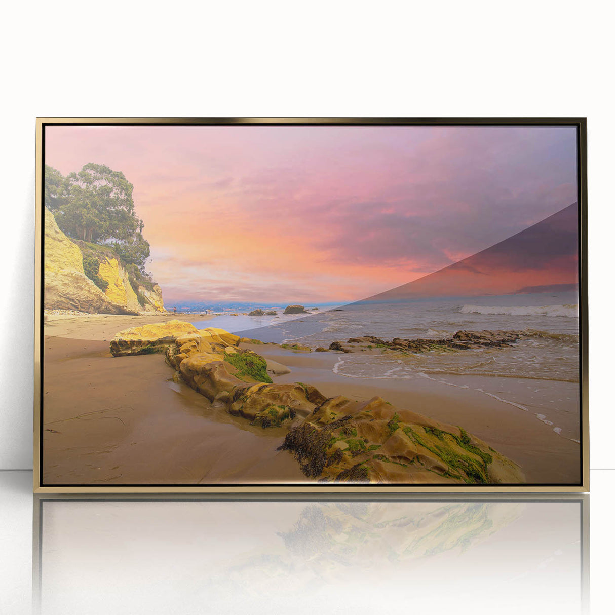Mid-century modernist art of Santa Barbara coastline in muted earth tones on a framed acrylic print.