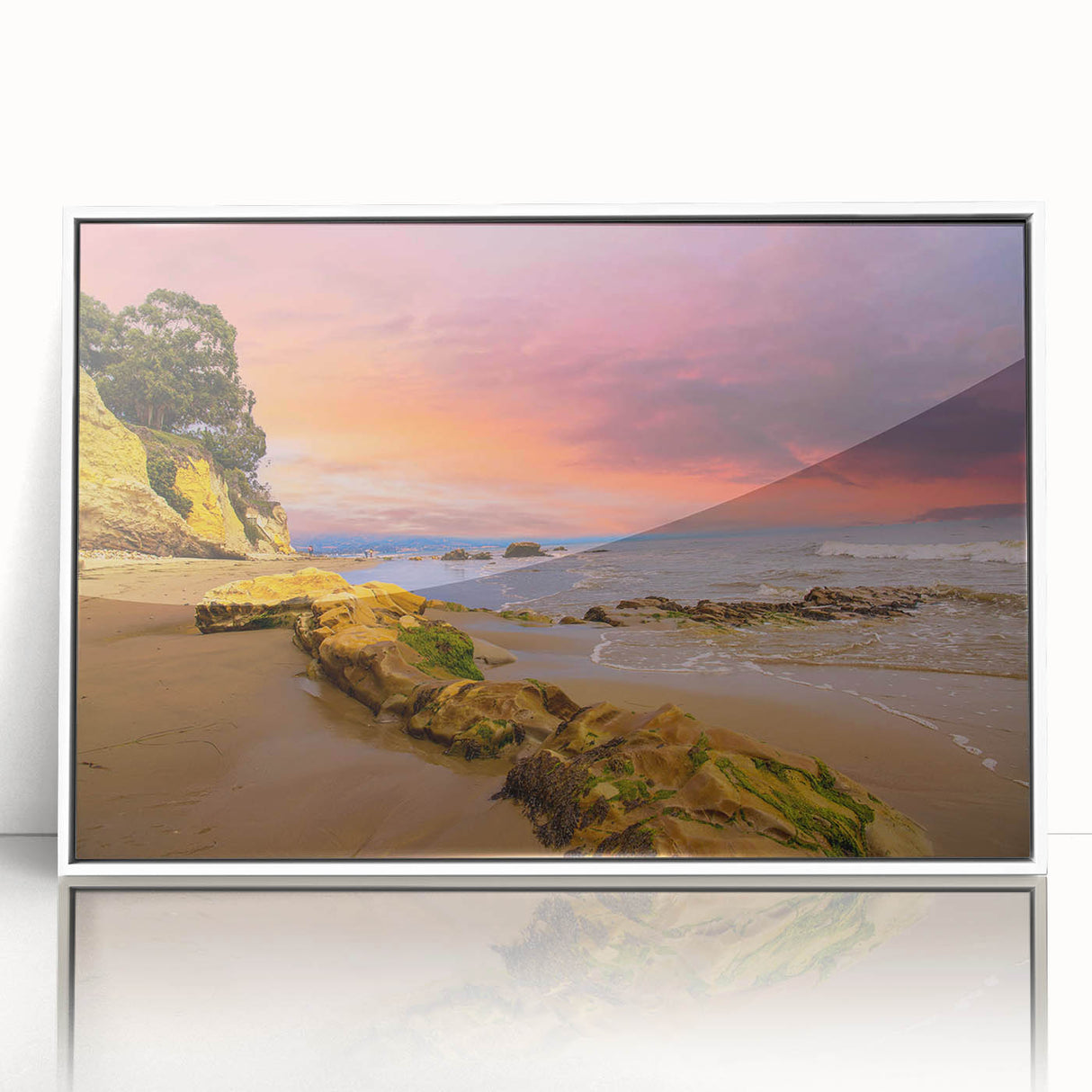 Art deco poster of Santa Barbara scenery in pastel colors on white framed acrylic, suited for modern nursery decor.