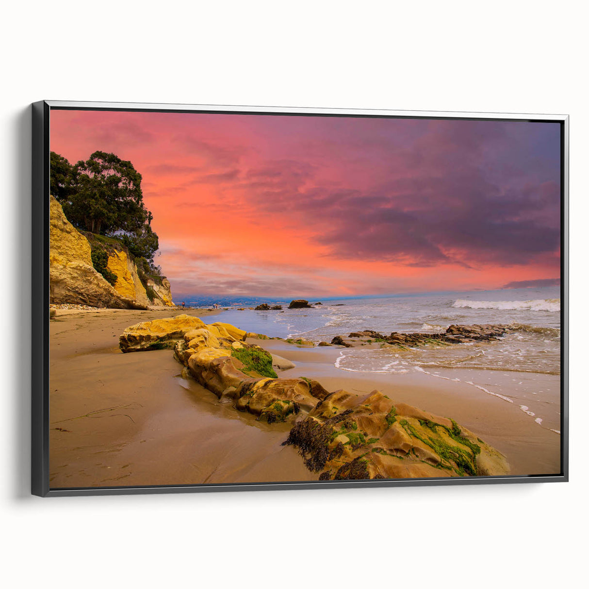 Black and white framed canvas of Santa Barbara landscape, ideal for bedroom wall decor.