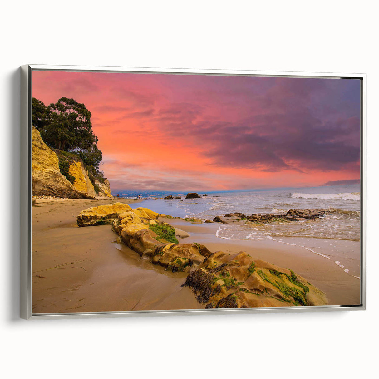 Framed canvas landscape art painting depicting Santa Barbara, featuring a vintage poster style with a colorful palette.