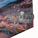 Large abstract wall art depicting Santa Cruz in mid-century modernist style with vibrant hues on acrylic glass.