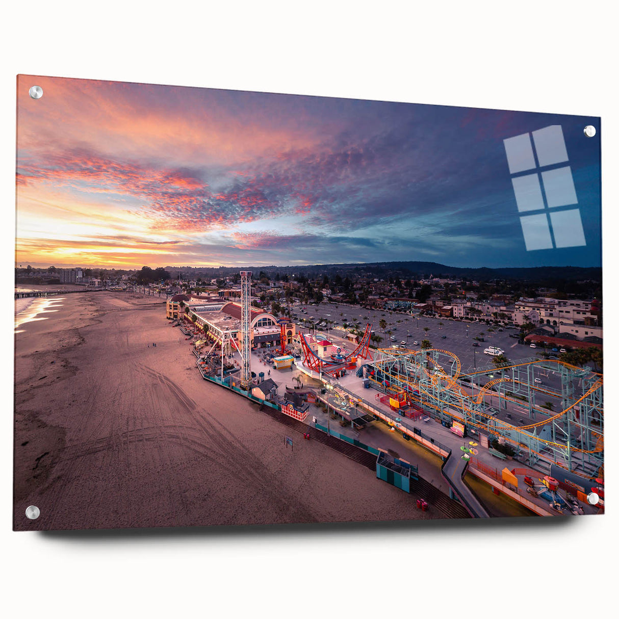 Large abstract depiction of Santa Cruz coastline in muted blue and green on acrylic glass.