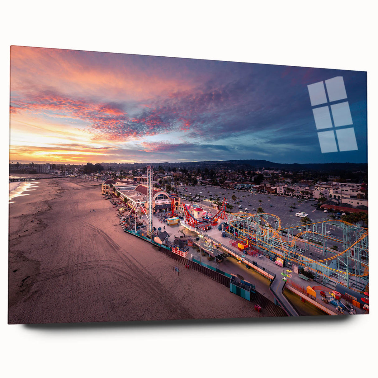 Large abstract wall art of Santa Cruz coastline in muted blue tones on acrylic glass, ideal for bedroom or dining room decor.