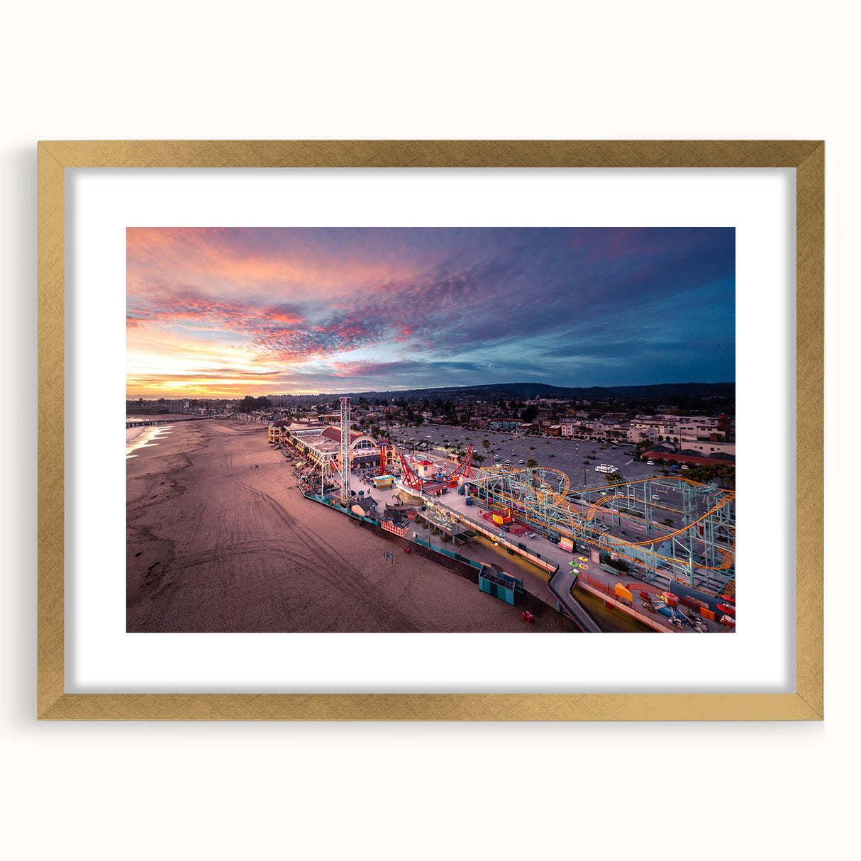 Extra large abstract art print of Santa Cruz scenery in gold frame with textured design, ideal for living room ambiance.