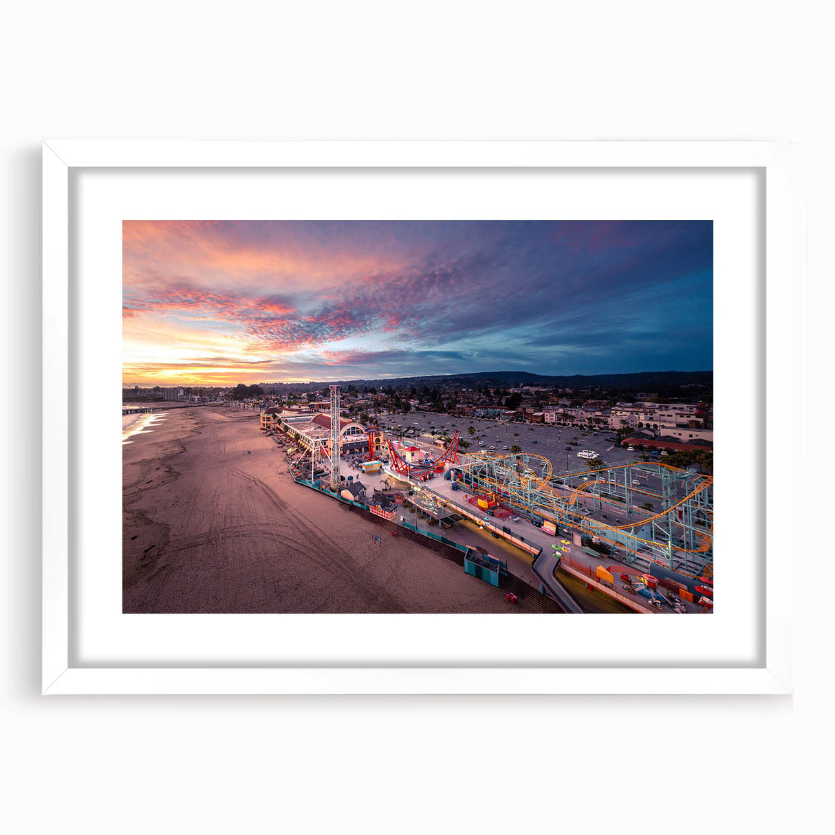Abstract art print of Santa Cruz landscape in muted earth tones on a framed white mat, suitable for dining room decor.