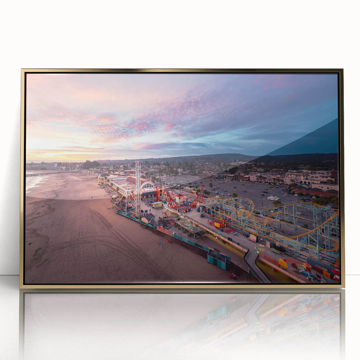 Large art print of Santa Cruz, featuring a mid-century modernist style with muted earth tones, framed in acrylic.