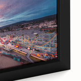 Close-up of textured black wall art featuring a vibrant, colorful Santa Cruz scene on an extra large framed canvas.