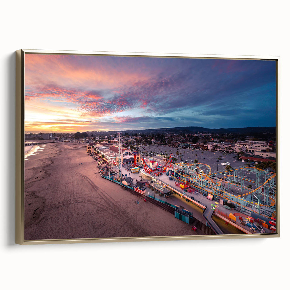 Framed canvas of a vintage-style Santa Cruz landscape in muted gold and black tones, suitable for bedroom decor.