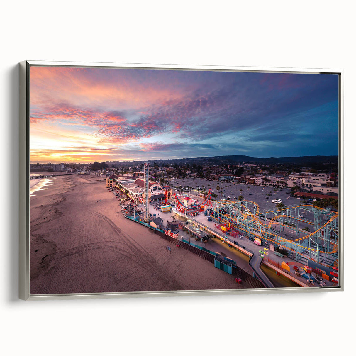 Landscape art painting of Santa Cruz with vibrant colors on a framed canvas, ideal for living room decor.