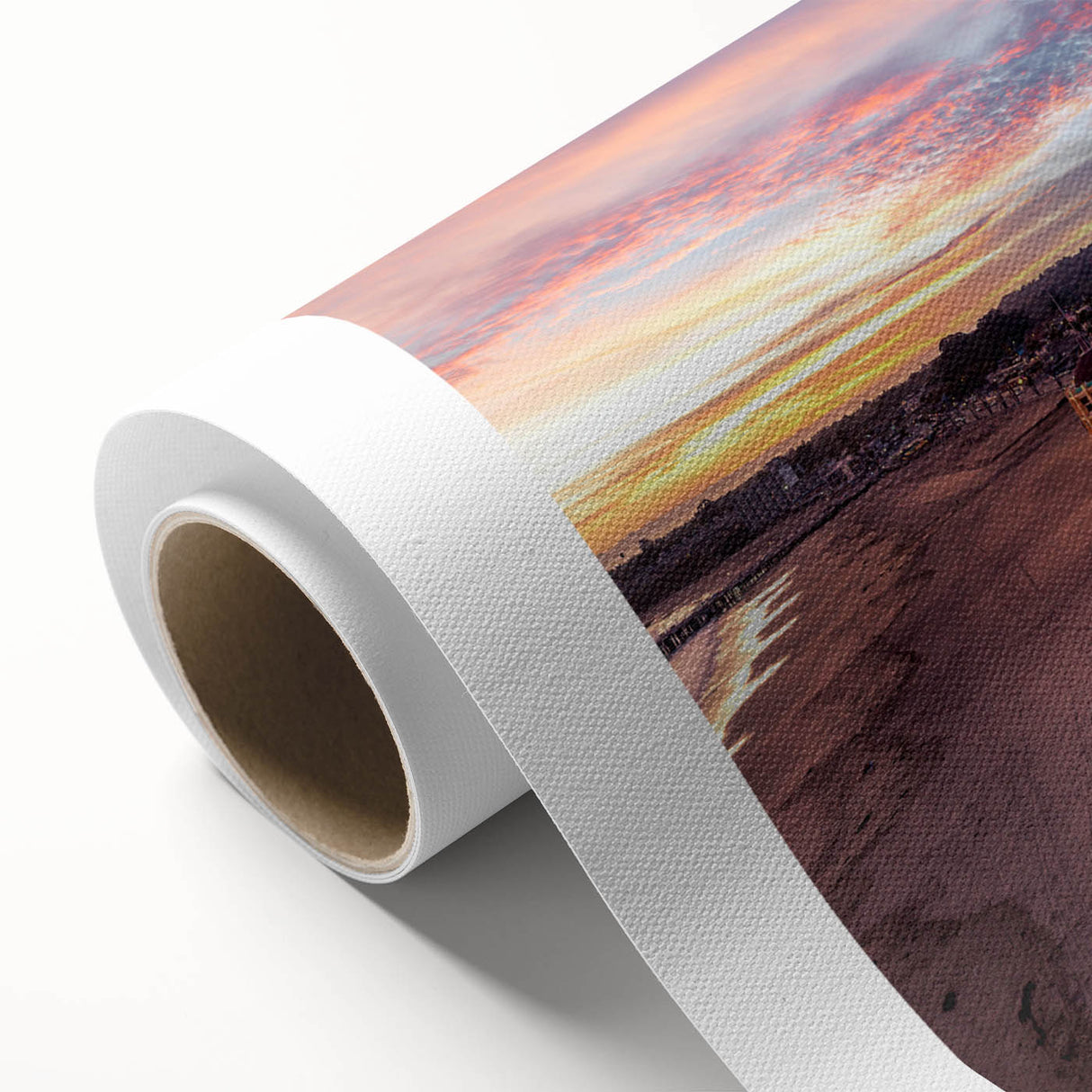 Art deco poster of Santa Cruz scenery in pastel shades on rolled canvas, ideal for nursery wall art.