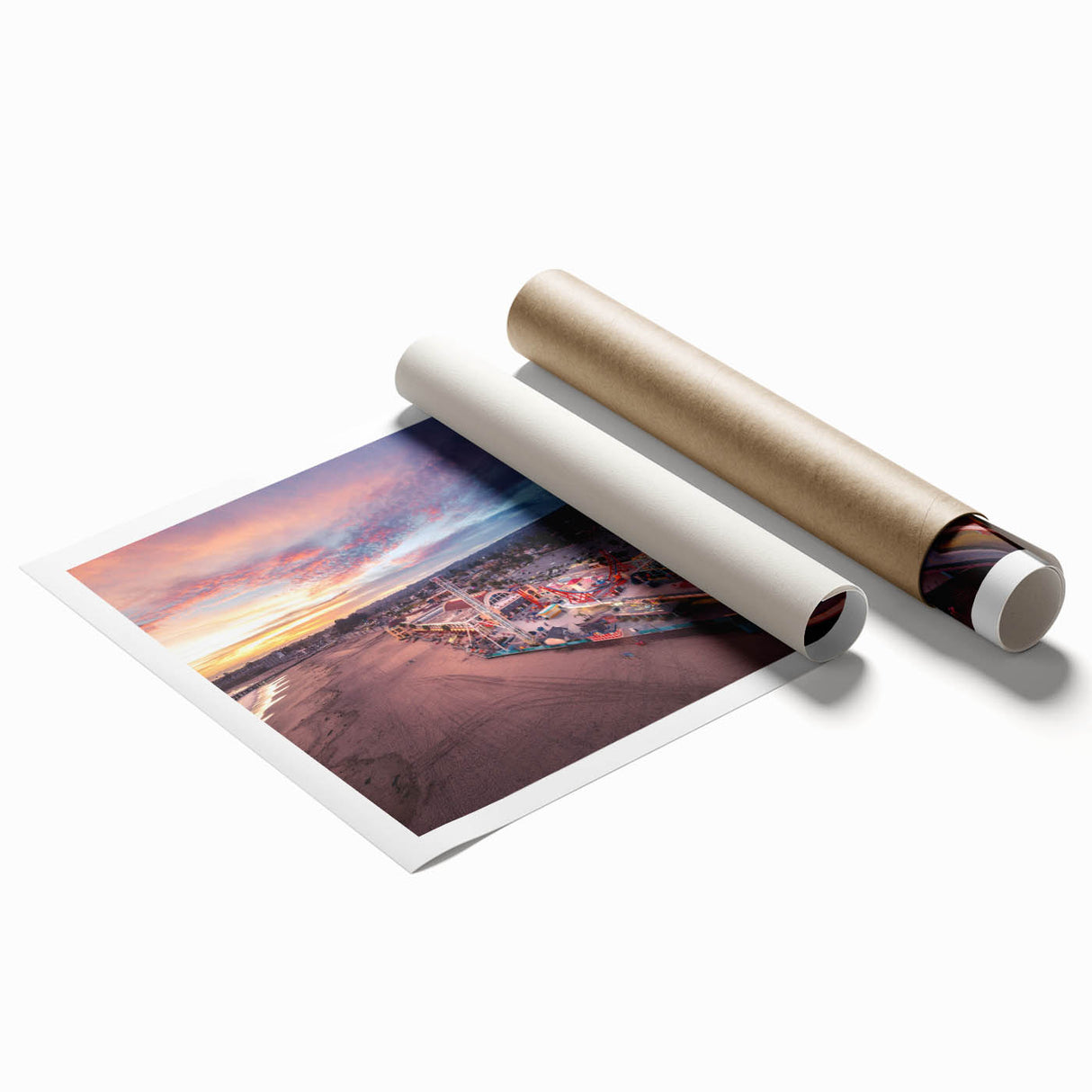 Extra large rolled print of Santa Cruz scenery with floral accents in soft pastel colors.