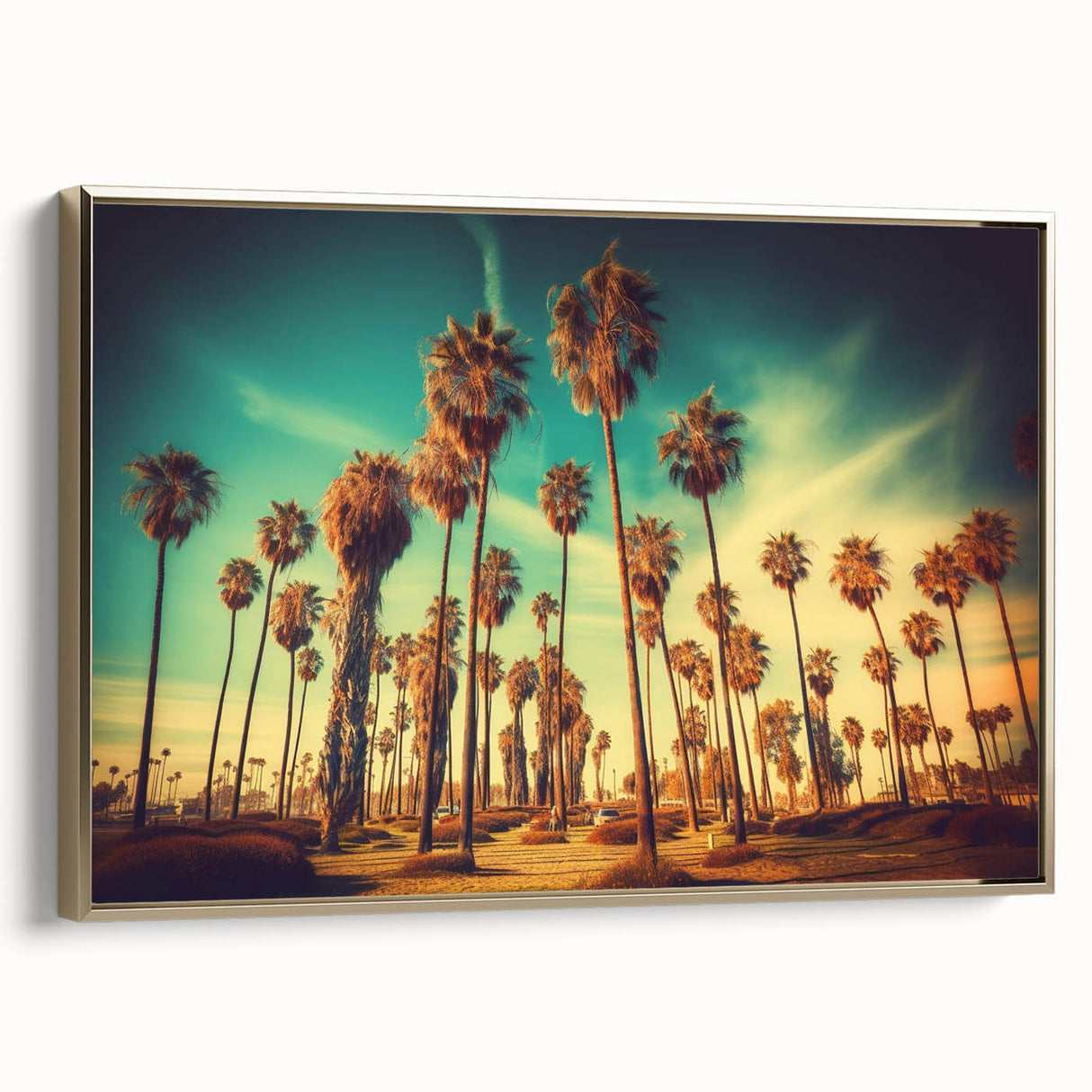 Framed canvas of a vintage-style Santa Monica landscape in black and gold tones, ideal for bedroom wall art.